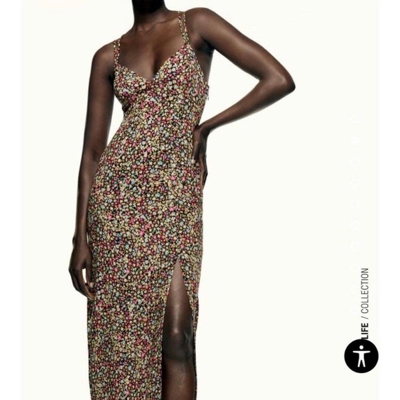 Zara Ditsy Floral Print Strappy Midi Dress Size Medium - Picture 1 of 14